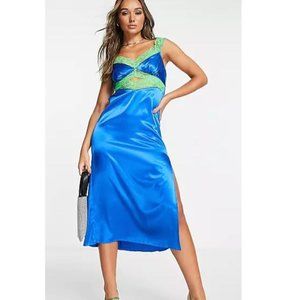 Topshop contrast cut out lace satin midi slip dress in blue